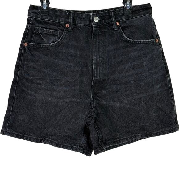 Zara High Waisted Loose Fit Classic Cotton Denim Jean Shorts 10 Black #3805 - Picture 10 of 15